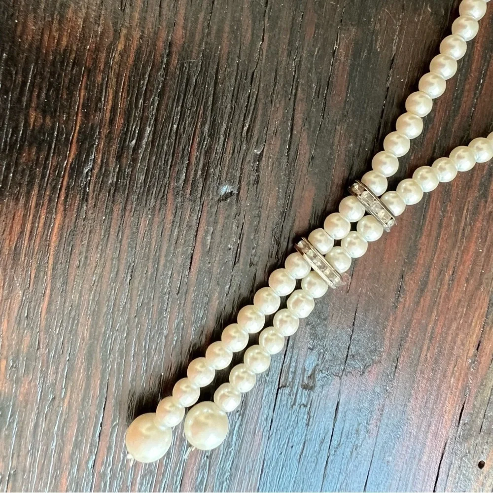 Vintage Pearl drop pendant style bolero necklace rhinestones 16